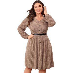 Plus Size Sweater Dress Women Long Sleeve V Neck Button Belt Casual Winter Midi